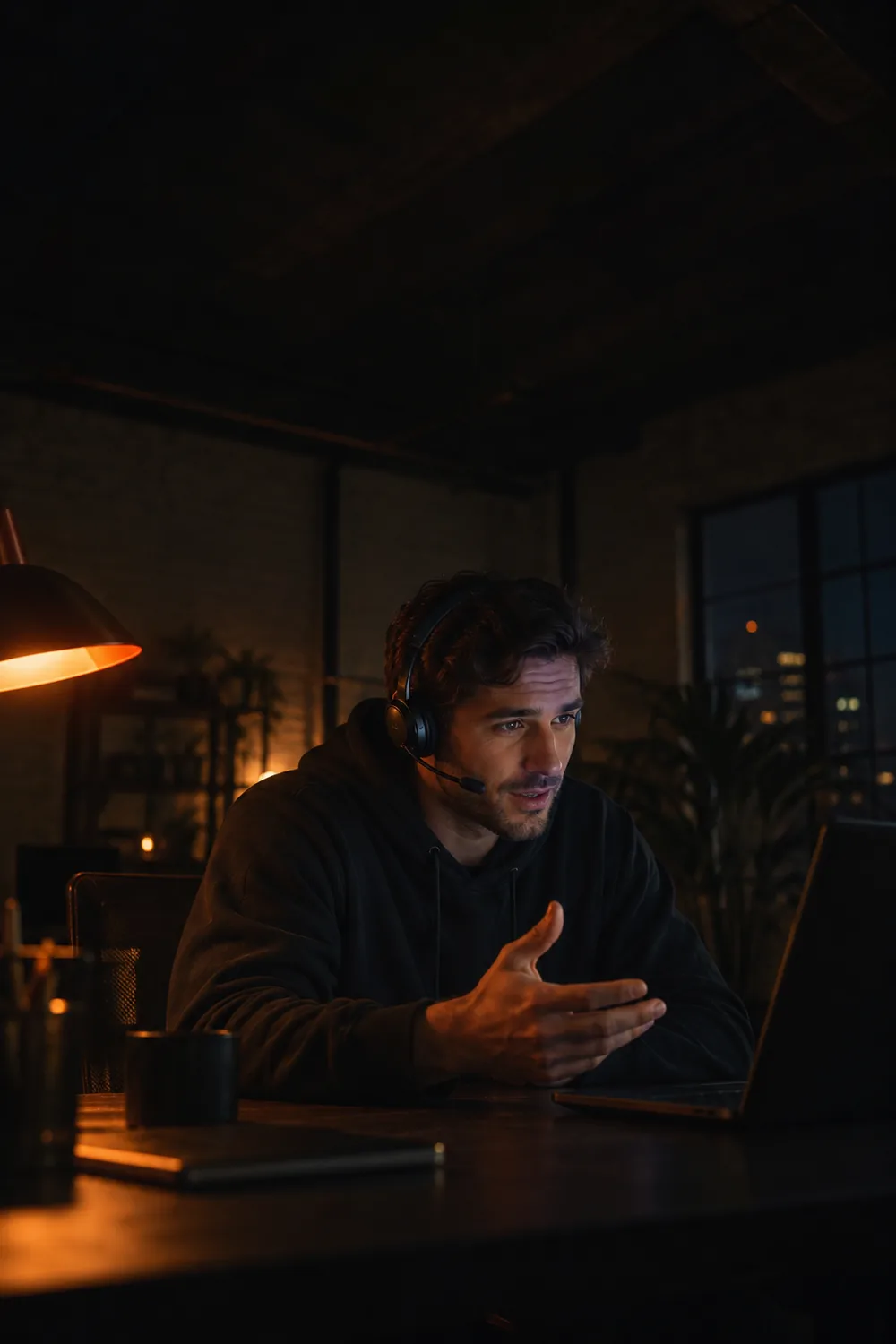 Young salesperson with a headset mid-call at a desk lit by a single lamp