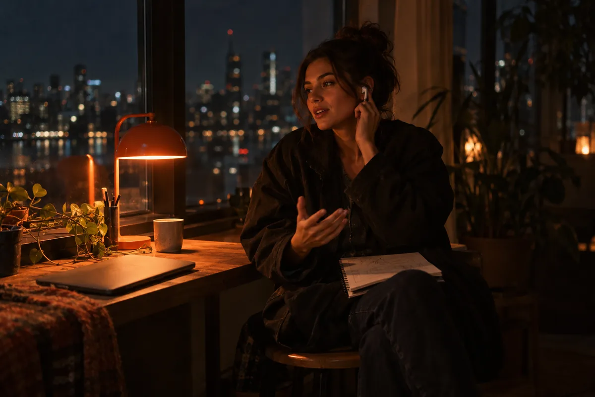 Setter on a phone call by a window at night with a notebook on her knee