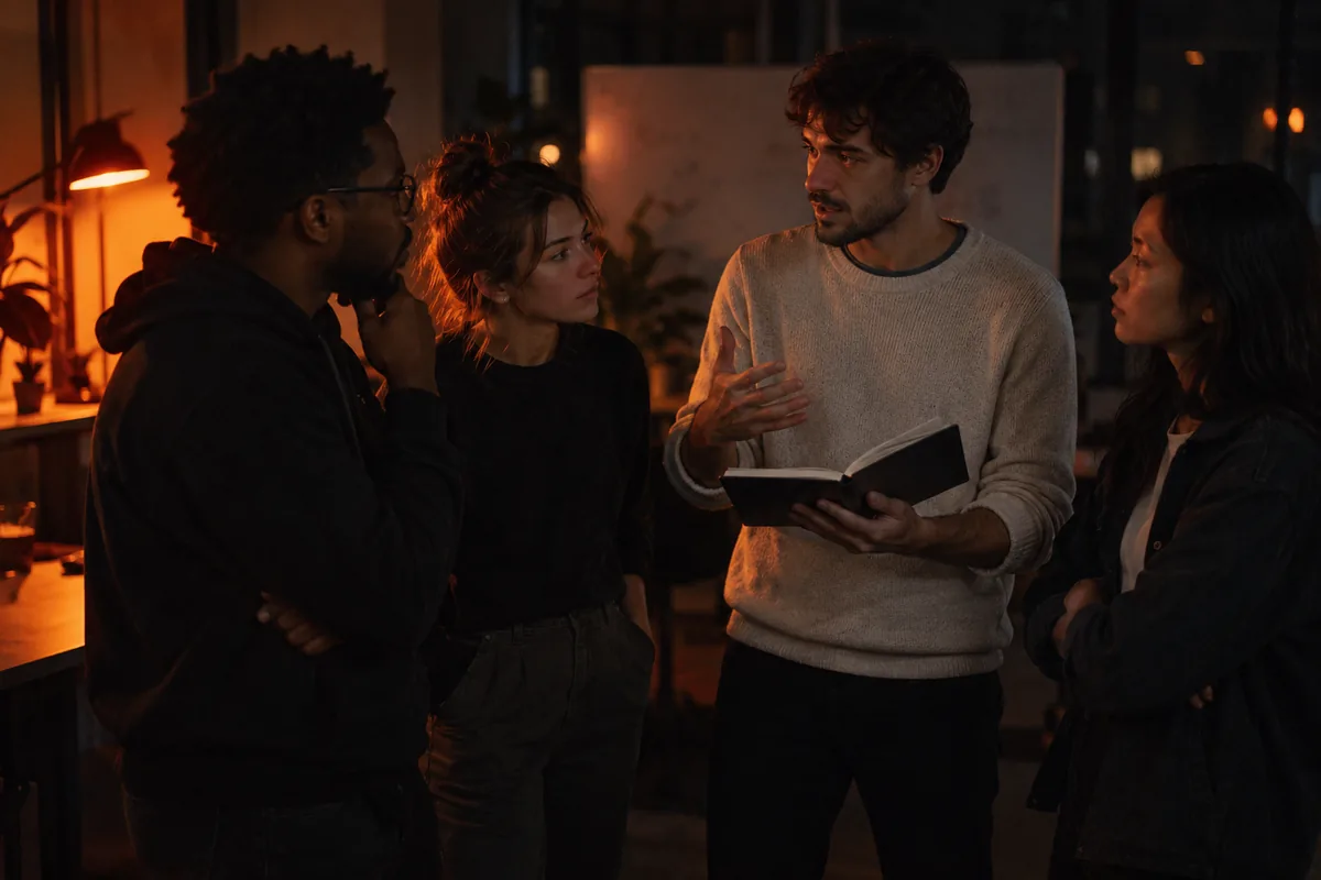 Small sales team in a night stand-up meeting around a notebook